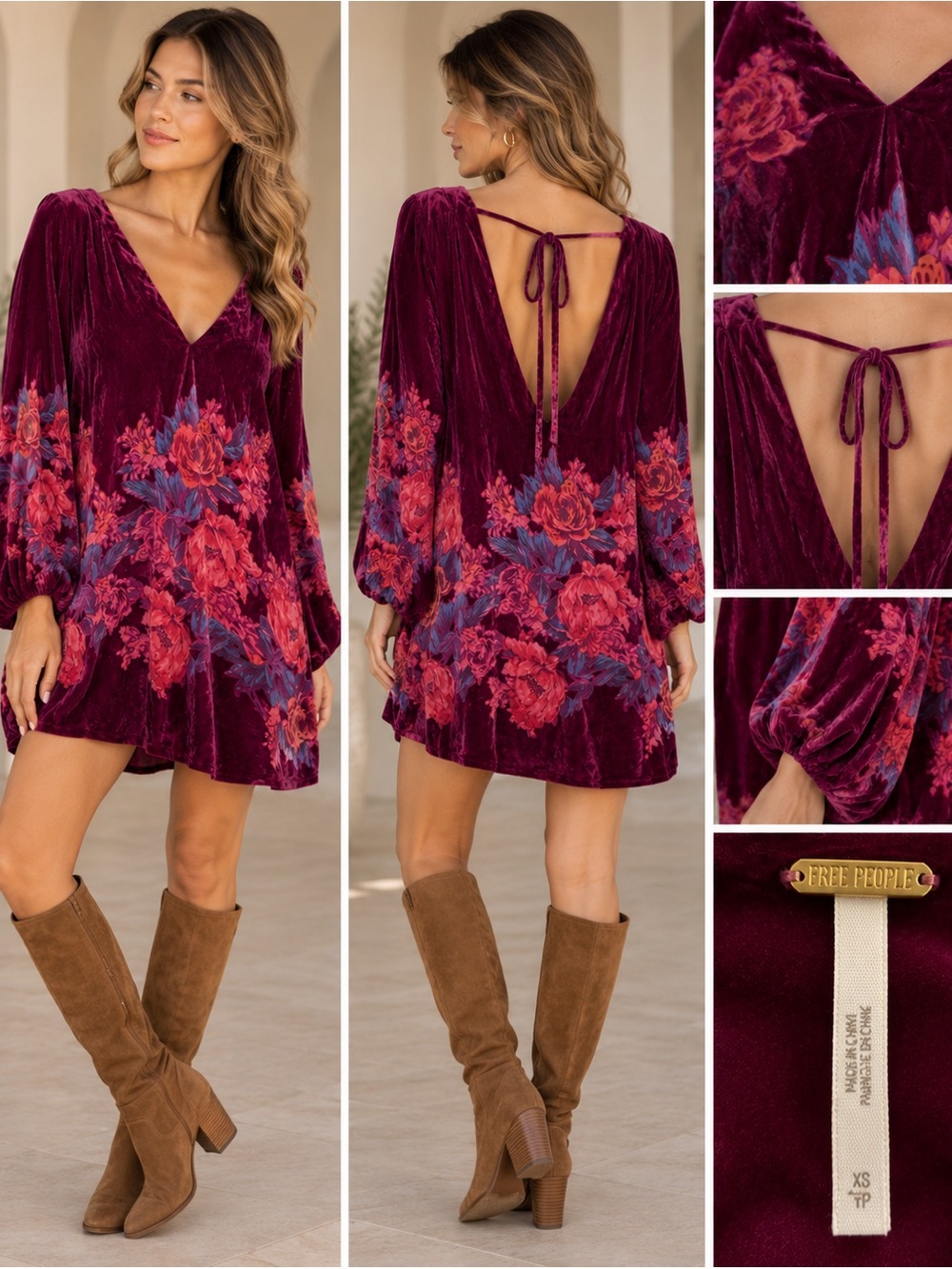 Free People Misha Plum Floral Velvet Misha Mini Dress Open Tie Back Size XS